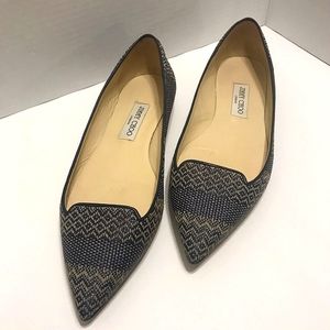 Jimmy Choo Attila Pointed Toe Blue Woven Smokin Flats 40.5 US Size 10.5
